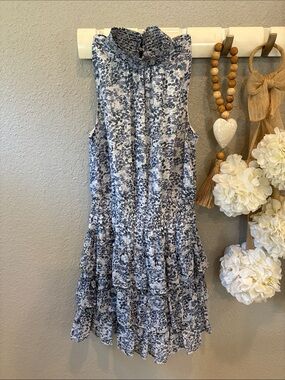 1. State Navy and White Floral Smocked Tiered Mini Dress-dressy material,blouse